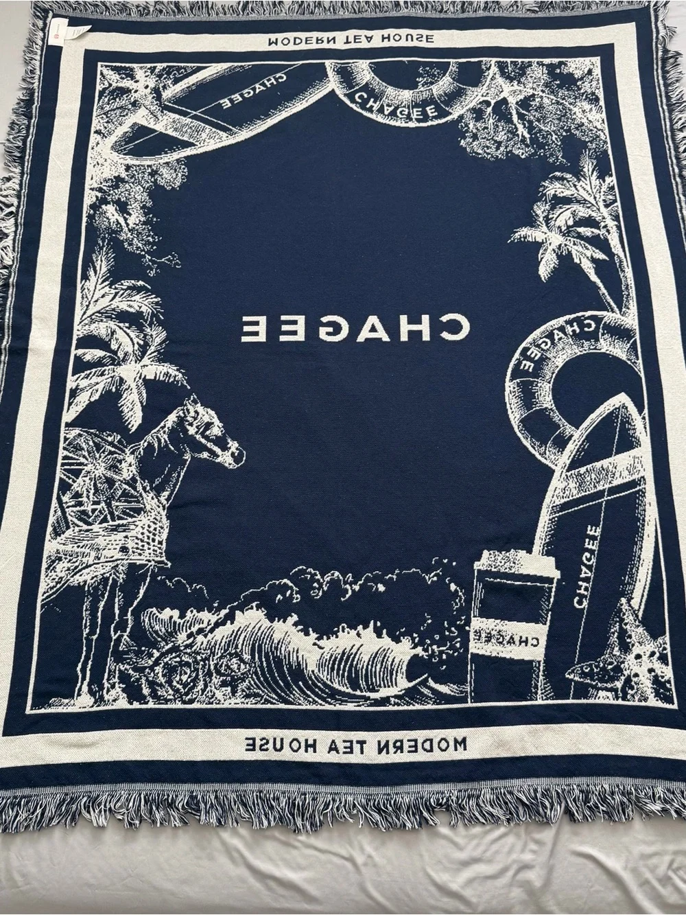 CHAGEE Modern Tea House Woven Throw Blanket Shawl Toile Fringe Blue White 61x51
